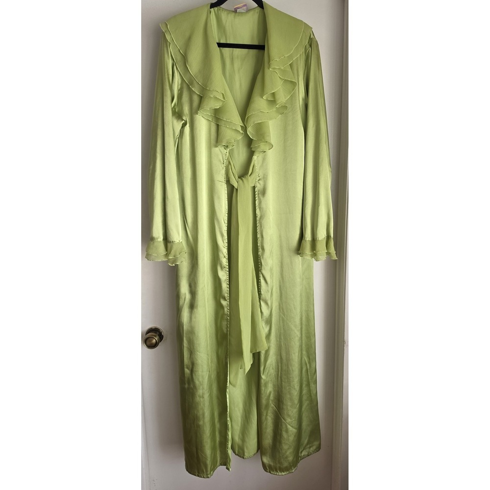 VTG Intimate Attitudes Robe 1X Lime Green Long Sleeve Lounge Wrap Gown Satin